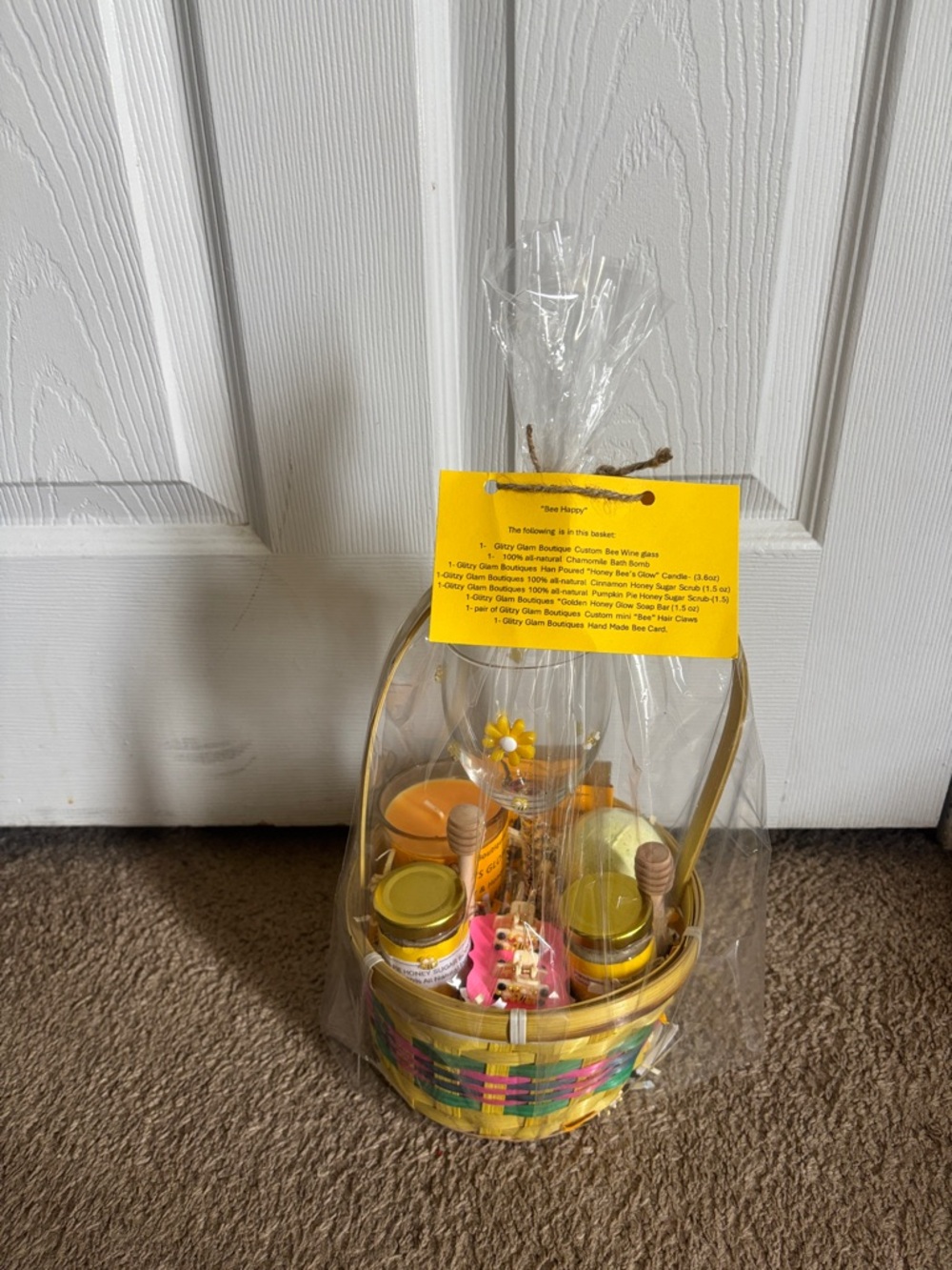 Bee-Themed Gift Basket with Wine Glass, Candle, soaps, scrubs, & hair clips NEW